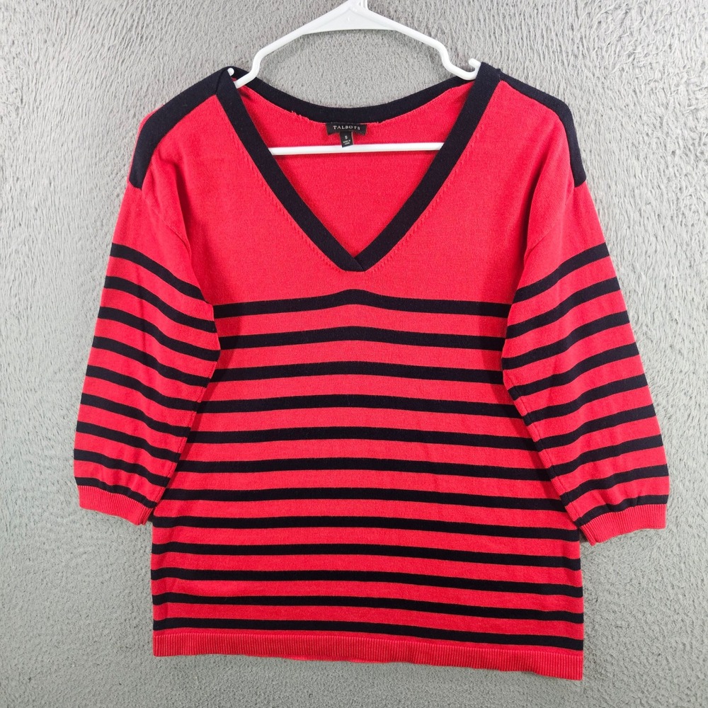 Talbots Womens Red Navy Blue Striped V-Neck 3/4 Sleeve Cotton Rayon Sweater S